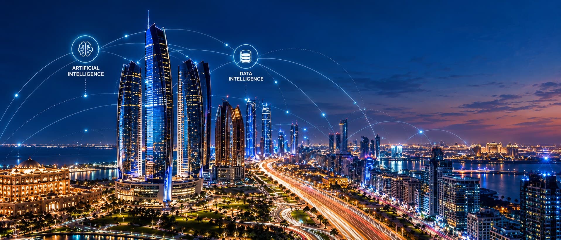 Abu Dhabi's skyline at night with AI, data, cloud, automation and analytics icons over it